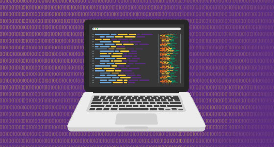 Illustration of computer code on a laptop with a binary background of 1's and 0's.