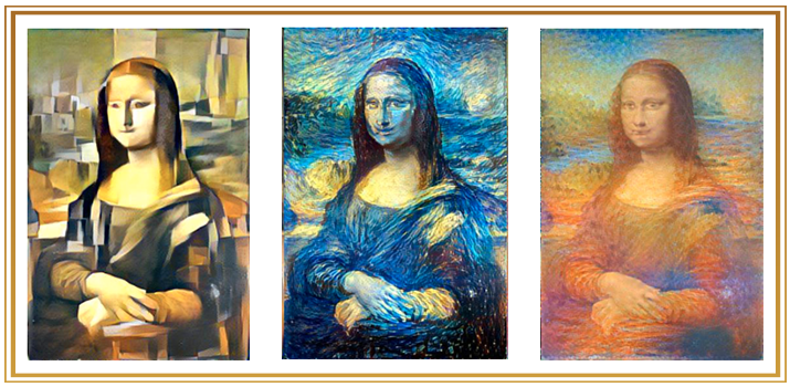 Three version of the famous Mona Lisa painting altered to resemble the styles of Picasso, Van Gogh, and Monet by artist Gene Kogan using Deep Dream techniques.