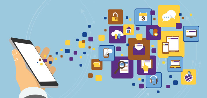 Illustration of legal practice icons flowing out of a smart phone.