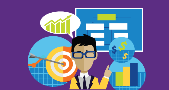 Illustration of young businessman pointing to financial charts.