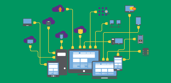 Illustration representing various computers, mobile devices and servers connected by cables.