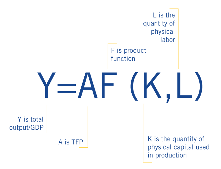 Total Factor Productivity is represented by "A" in the Solow model for calculating GDP. 